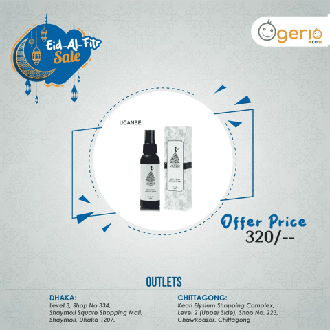 UCANBE Dewy Finish Setting Spray 50ml transparent bottle with pink-purple label, front view, clear cap.