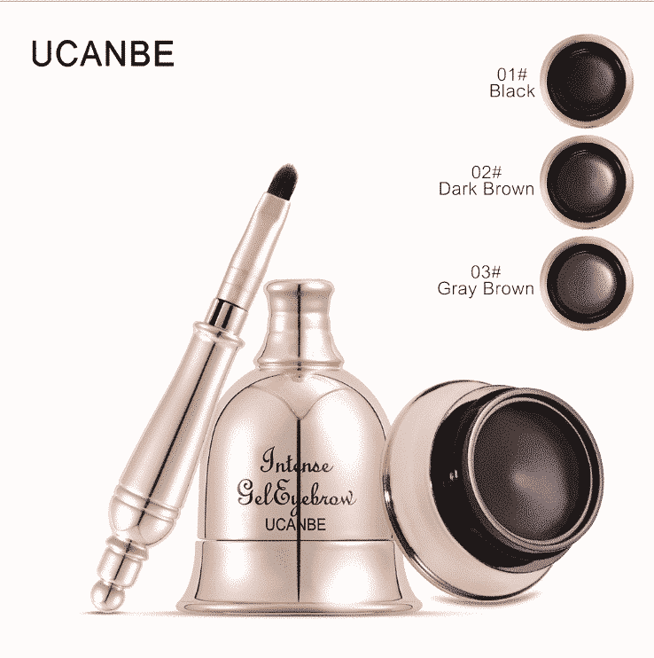 UCANBE black eyeliner eyebrow gel pot, open with applicator brush on a white background.