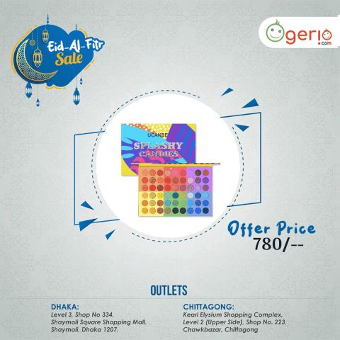 Vibrant UCANBE SPLASHY CANDIES Eyeshadow Palette open, revealing 15 colorful matte and shimmer shades.