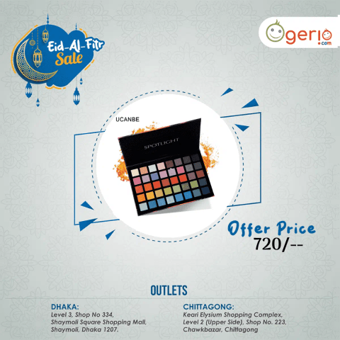 UCANBE Spotlight Eyeshadow Palette open, revealing 40 vibrant matte, shimmer, and glitter shades.