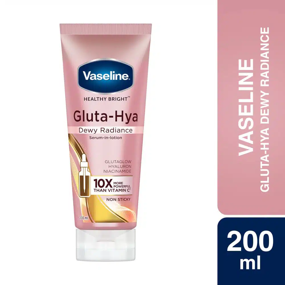 Vaseline Gluta Hya Dewy Radiance Serum in Lotion 200ml, white bottle with pink pump cap, front view. - thumbnail
