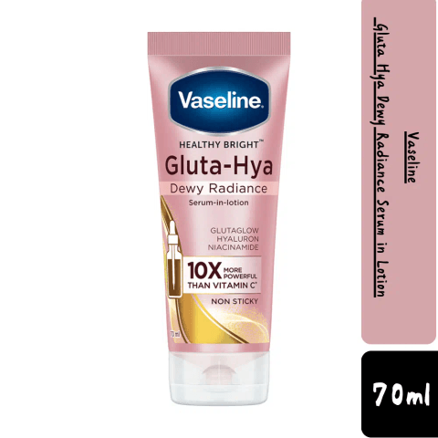 Front view of Vaseline Gluta Hya Dewy Radiance Serum in Lotion 70ml bottle with pump.