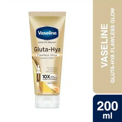 Vaseline Gluta Hya Flawless Glow Serum in Lotion 200ml bottle with pump, standing upright.