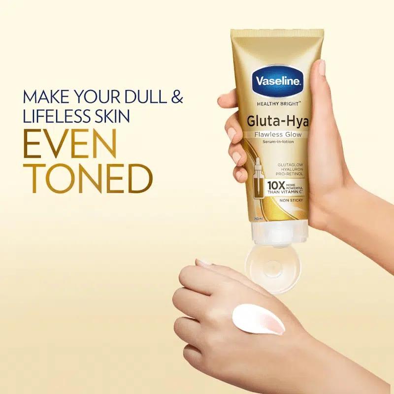 Close-up of Vaseline Gluta Hya Flawless Glow Serum Lotion bottle's detailed front label. - thumbnail
