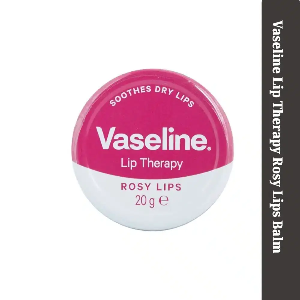 Vaseline Lip Therapy Rosy Lips Balm, a clear tub with pink lid, angled product shot. - thumbnail