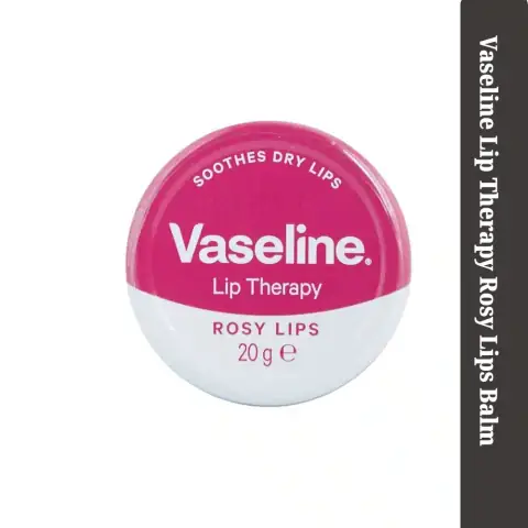 Vaseline Lip Therapy Rosy Lips Balm, a clear tub with pink lid, angled product shot.
