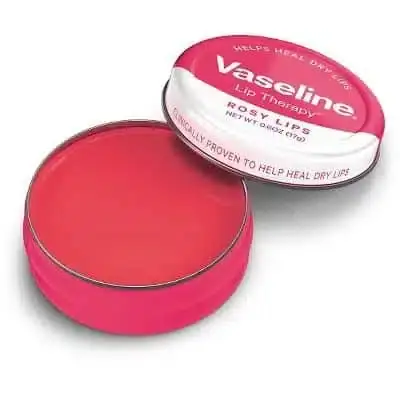 Open Vaseline Rosy Lips Balm tub, revealing the smooth, moisturizing pink tinted lip balm. - thumbnail