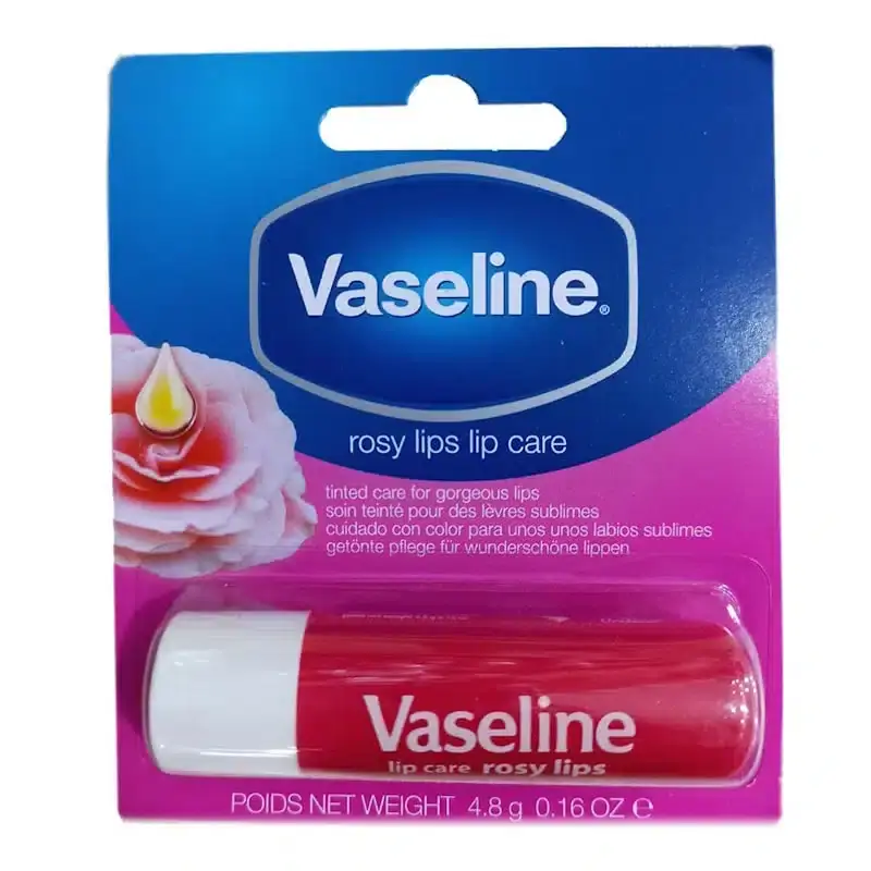 Upright Vaseline Rosy Lips Lip Care Stick showing its pink tube and transparent cap. - thumbnail