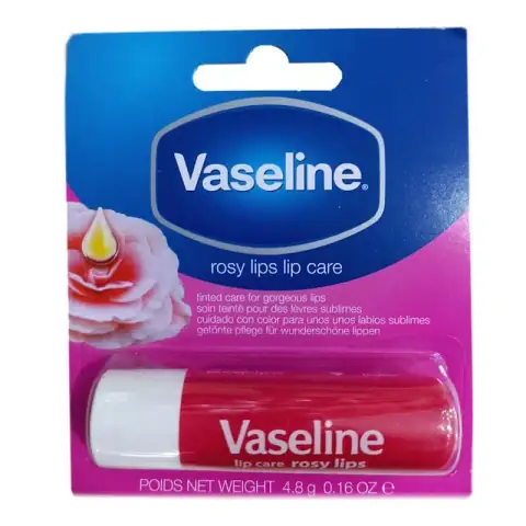 Upright Vaseline Rosy Lips Lip Care Stick showing its pink tube and transparent cap.
