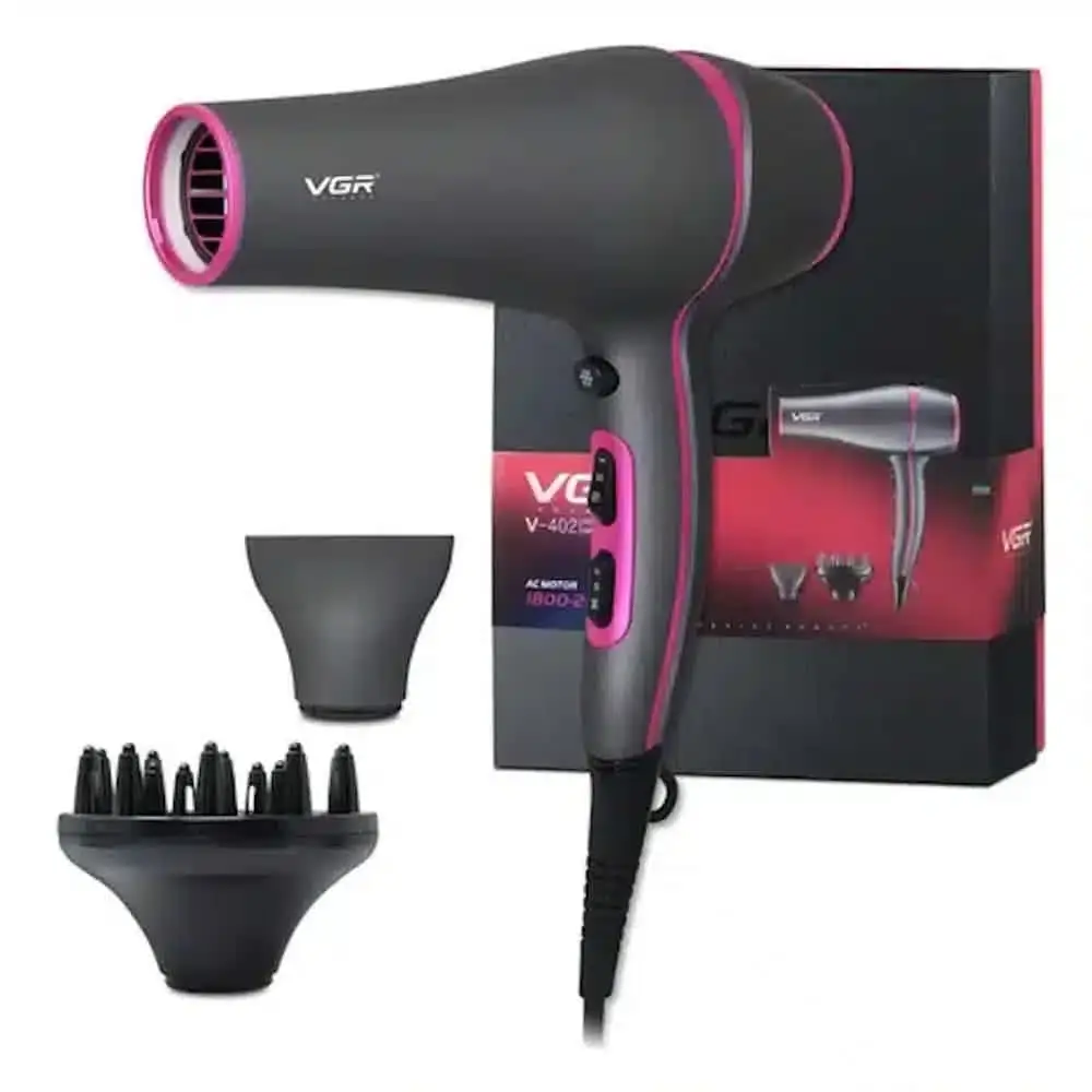 Sleek black VGR V 402 professional hair dryer with nozzle and handle clearly visible. - thumbnail