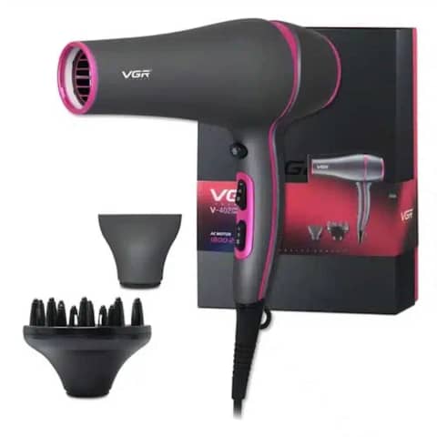 Sleek black VGR V 402 professional hair dryer with nozzle and handle clearly visible.