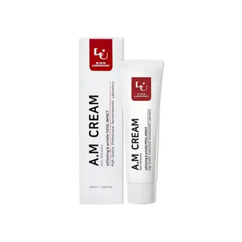 W.SKIN Laboratory A.M Cream Anti Melasma 50ml in a sleek white jar with silver lid.