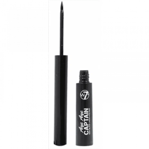 W7 Aye Aye Captain very black liquid eyeliner pen, upright with gold cap, showcasing brand details.