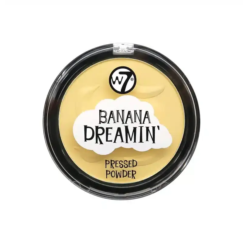 W7 Banana Dreamin 10gm pressed powder in a sleek black compact, showing light yellow shade. - thumbnail