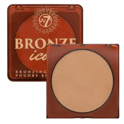 W7 Bronze Icon Bronzing Powder in its closed, golden rectangular compact packaging, showcasing the brand logo.