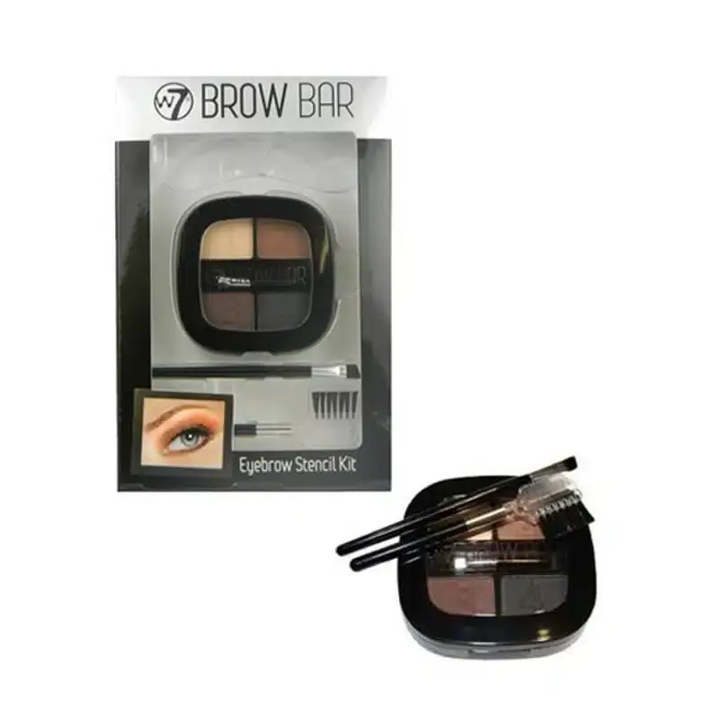 W7 Brow Bar Eyebrow Stencil Kit in clear packaging, revealing compact, brush, and four stencils. - thumbnail