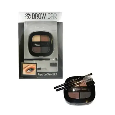 W7 Brow Bar Eyebrow Stencil Kit in clear packaging, revealing compact, brush, and four stencils.