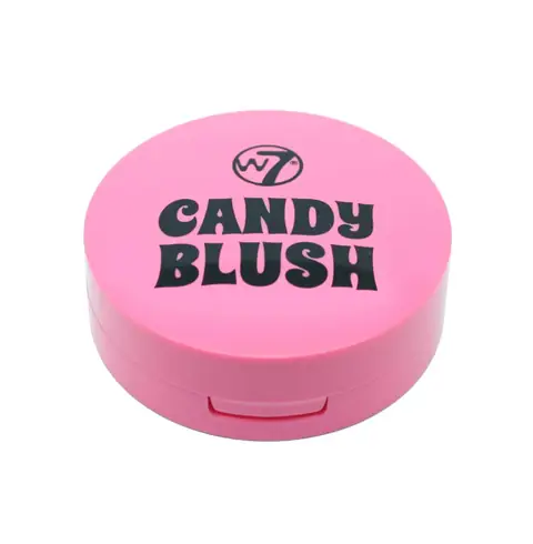 W7 Candy Blush blusher compact with clear lid, showing heart-shaped Angel Dust powder.