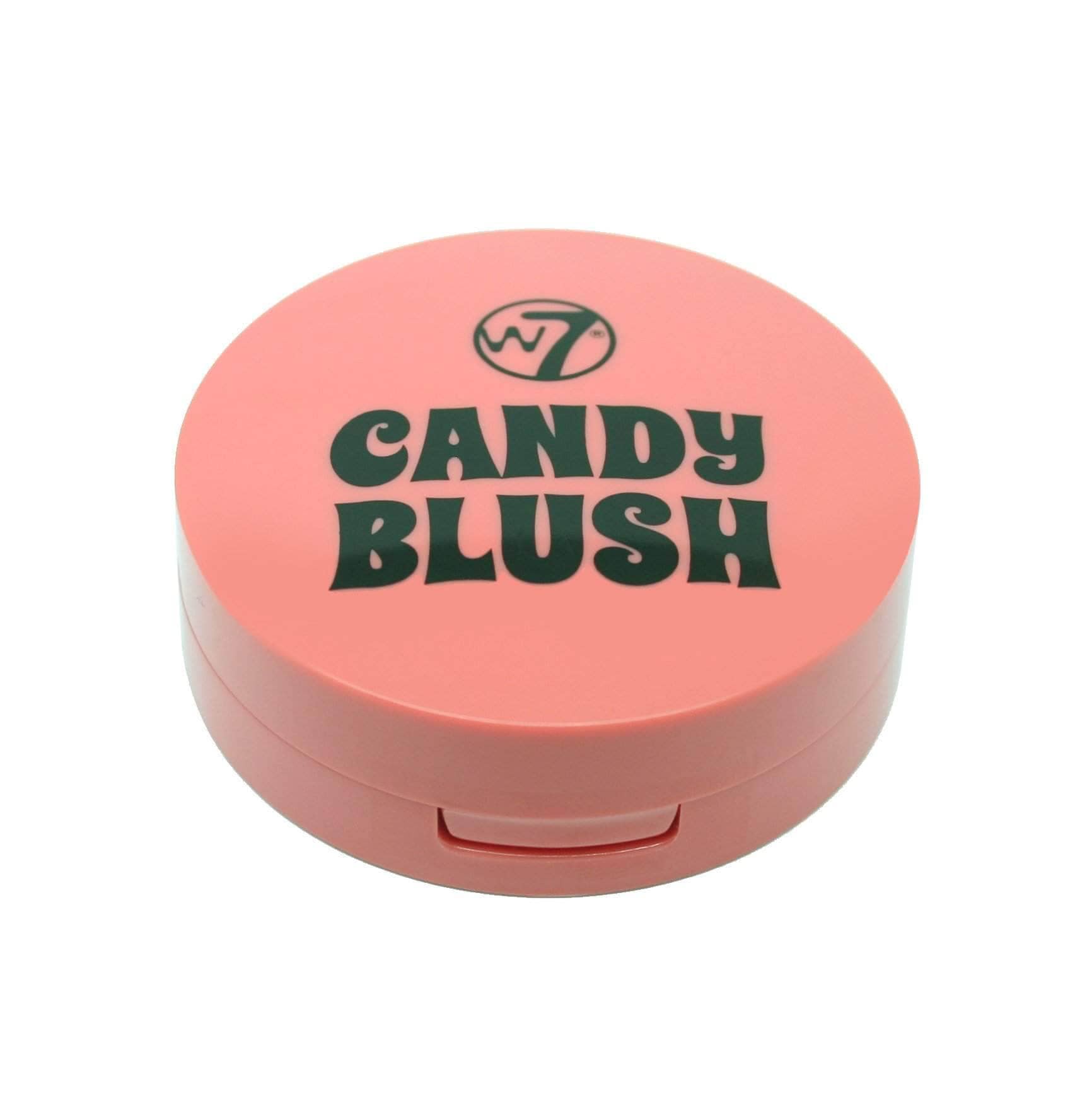W7 Candy Blush Blusher 'Gossip' in its clear square compact, displaying a warm peachy-pink powder. - thumbnail