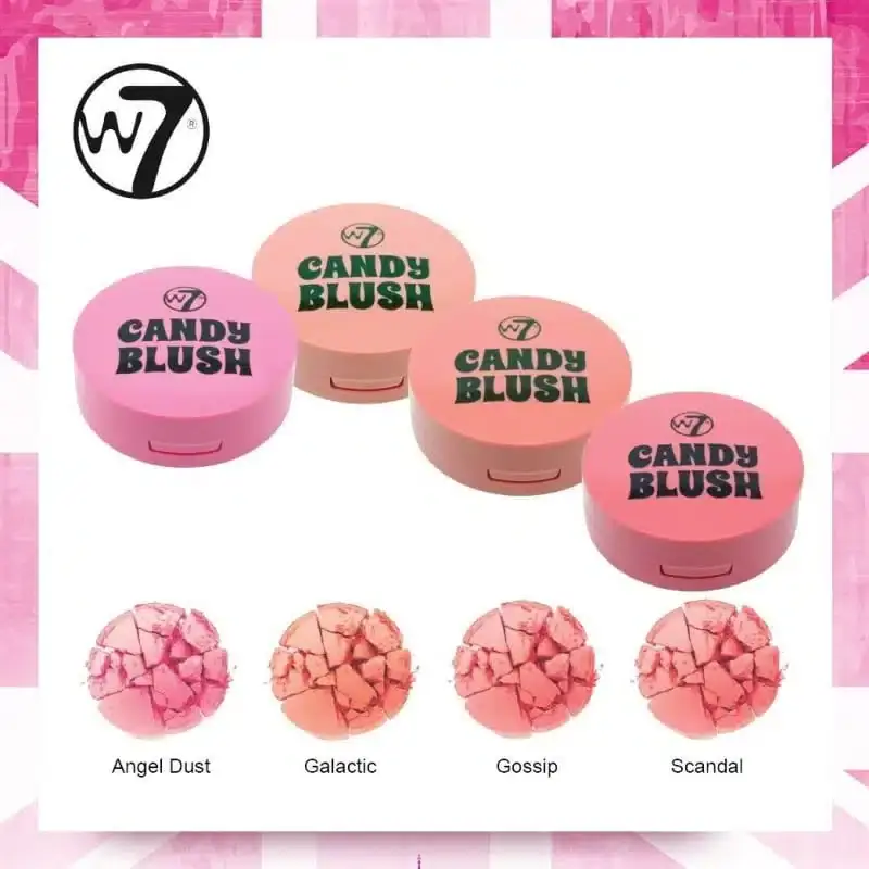 W7 Candy Blush compact closed, showcasing its transparent pink lid and light pink base. - thumbnail