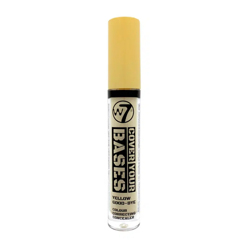 W7 Cover Your Bases yellow colour correcting concealer in a beige squeeze tube with applicator.
