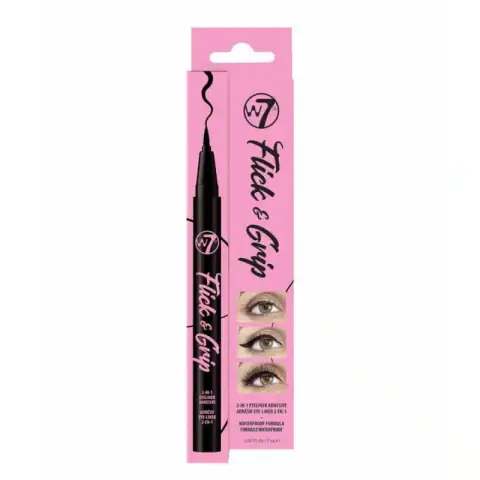 Sleek black W7 Flick & Grip 2-in-1 adhesive eyeliner pen, angled on white background.