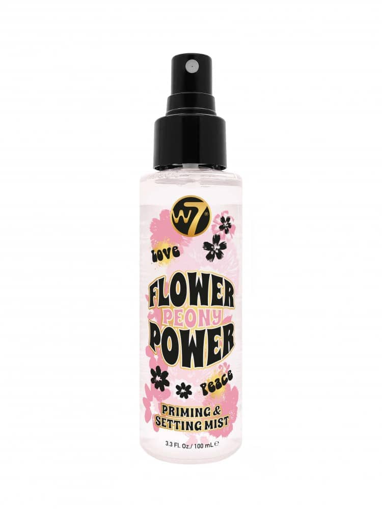 W7 Flower Power Priming and Setting Spray, 100ml bottle with pink ombre and colorful floral label, upright. - thumbnail