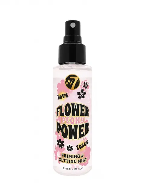 W7 Flower Power Priming and Setting Spray, 100ml bottle with pink ombre and colorful floral label, upright.