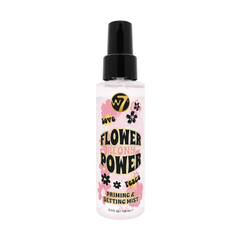 W7 Flower Power Priming and Setting Spray, clear bottle with pink floral gradient label, white cap.
