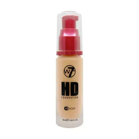 W7 Honey HD Foundation 30ml in a clear glass bottle with black pump, front view.
