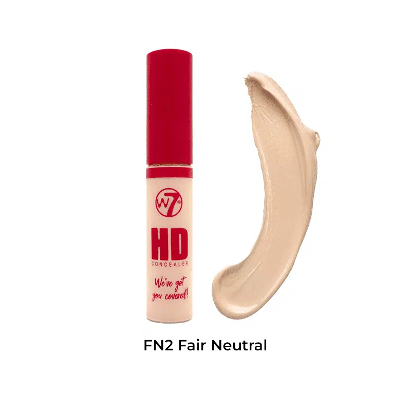 W7 HD Concealer Fair Neutral, an upright light beige tube featuring prominent branding and black cap.