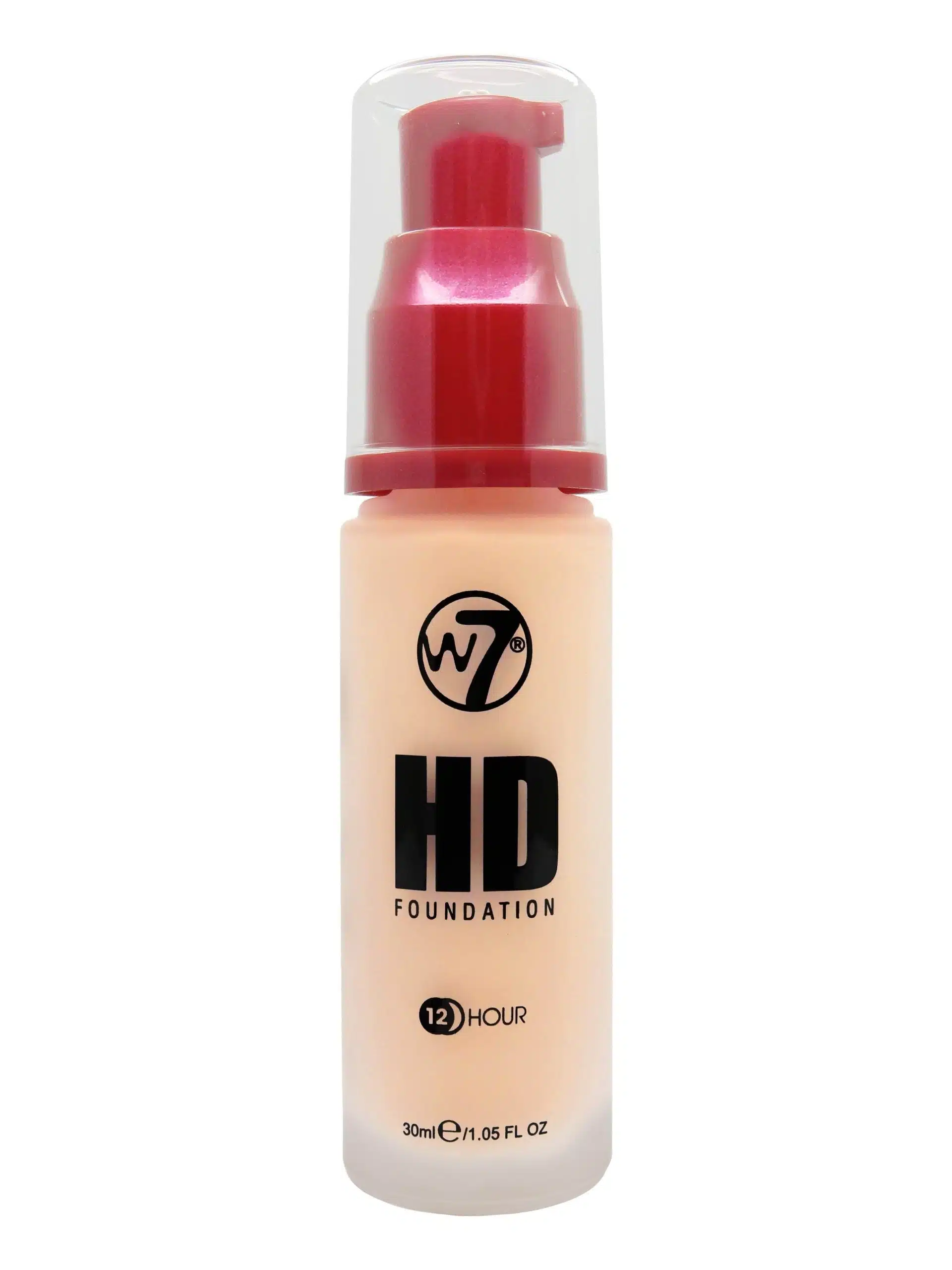 W7 HD Foundation 12 Hours Butter Cream in a clear glass bottle with black pump dispenser. - thumbnail