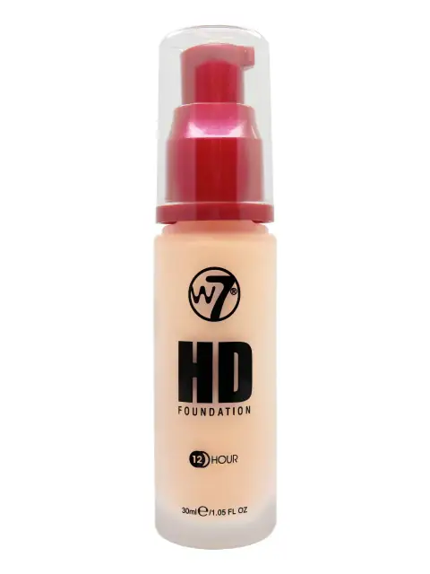 W7 HD Foundation 12 Hours Butter Cream in a clear glass bottle with black pump dispenser.