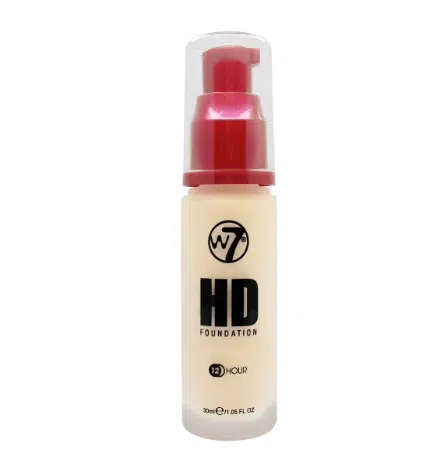 W7 HD Foundation 12 Hours Porcelain, clear glass bottle with black pump and cap.