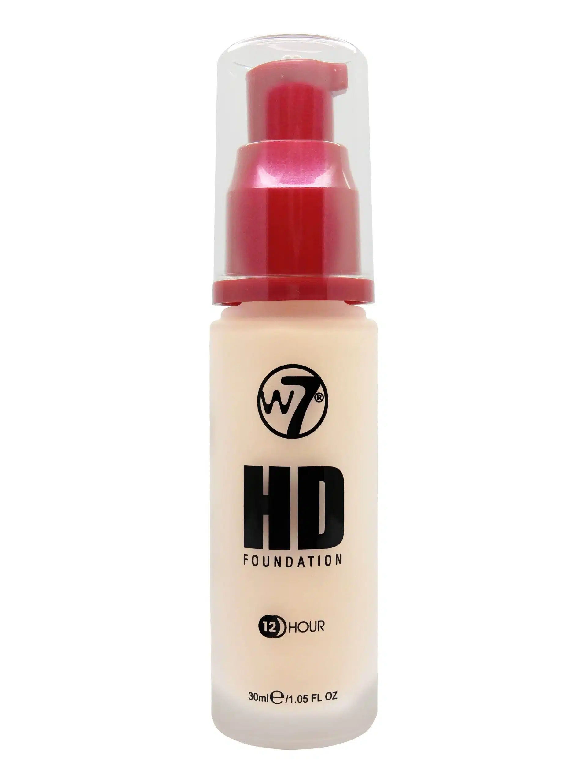 Front view of W7 HD Foundation 12 Hours Rose Ivory bottle, clear glass with black pump. - thumbnail