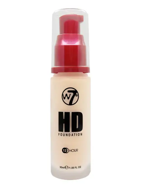 Front view of W7 HD Foundation 12 Hours Rose Ivory bottle, clear glass with black pump.