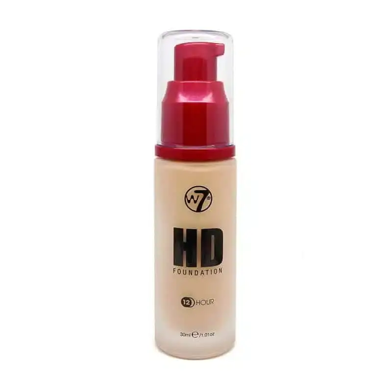 W7 HD Foundation bottle lying horizontally, showcasing its clear glass and black pump design. - thumbnail