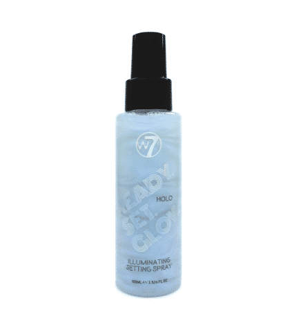 Upright W7 Illuminating Ready Set Glow setting spray, 100ml clear bottle featuring iridescent liquid.