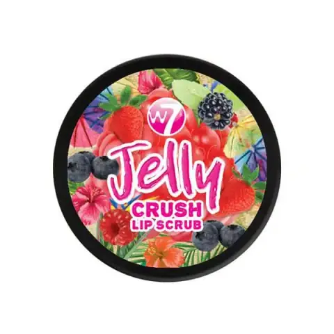 W7 Jelly Crush Lip Scrub Berry Blast tube standing upright, showcasing pink jelly texture with fruit particles.