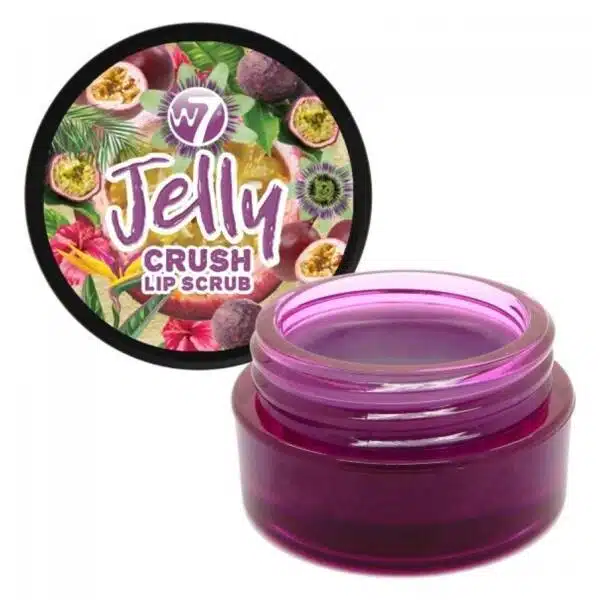 W7 Jelly Crush Lip Scrub in clear jar, showing vibrant pink passion fruit punch formula. - thumbnail