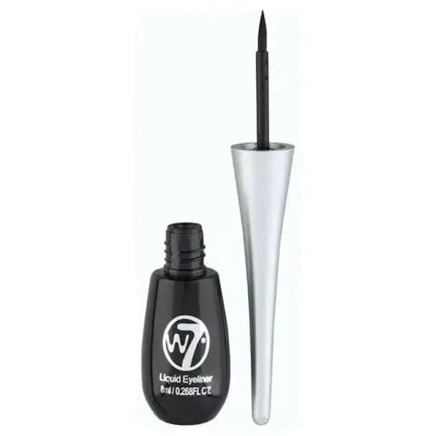 W7 Dip Liquid Eyeliner Pot in black with silver lid, clear front view.