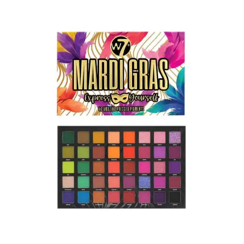 W7 Mardi Gras 40-colour eyeshadow palette open, showcasing vibrant pressed pigment shades in rows.