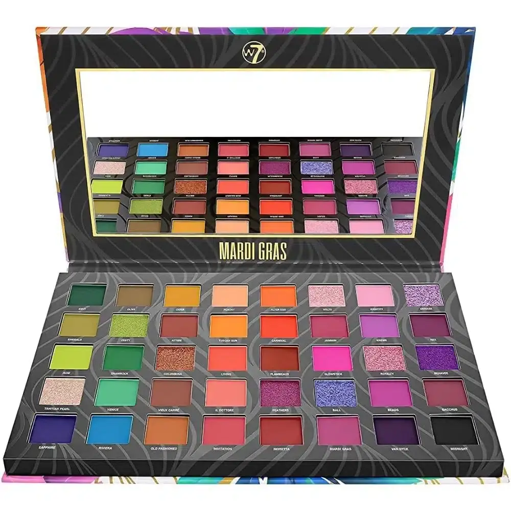 W7 Mardi Gras 40-shade pressed pigment eyeshadow palette closed, displaying brand logo on clear lid. - thumbnail