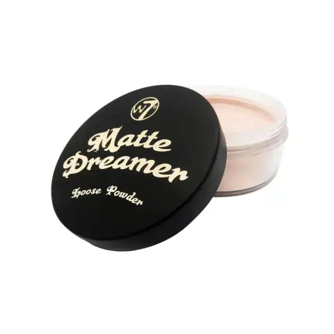 W7 Matte Dreamer Loose Powder cylindrical pot open, showing sifter and soft puff.