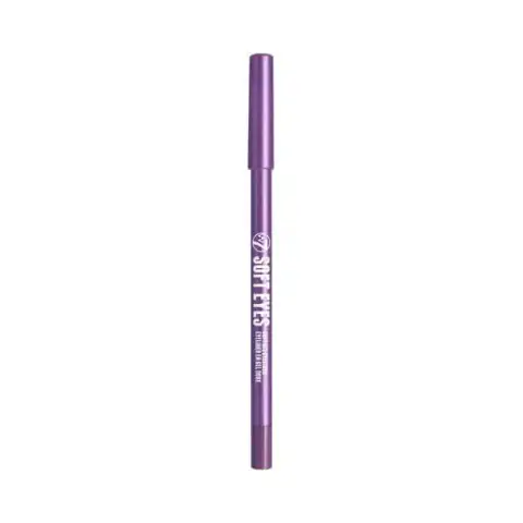 W7 Soft Eyes royal blue gel eyeliner pencil with transparent cap, angled on a white background.
