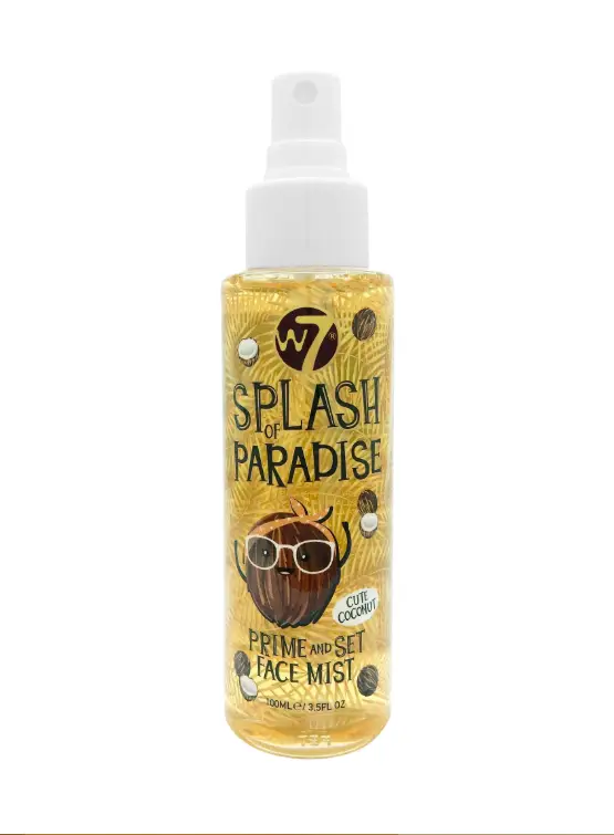 W7 Splash Of Paradise Prime And Set Face Mist, clear bottle featuring a vibrant tropical 'Cute Coconut' label.