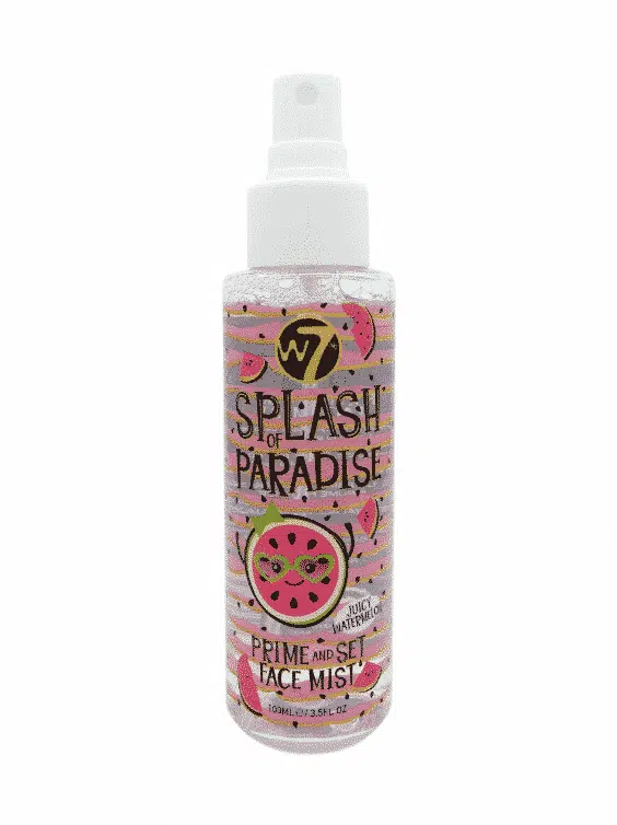 W7 Splash Of Paradise Prime and Set Face Mist, clear bottle with pink watermelon liquid.