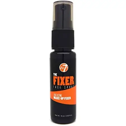 W7 The Fixer Setting Spray 18ml clear bottle, black pump cap, visible product name, white background.