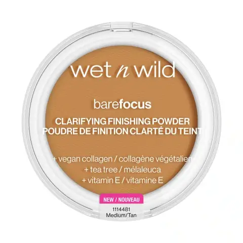 Wet N Wild Bare Focus Clarifying Face Powder in Medium Tan, open black compact revealing pressed powder.