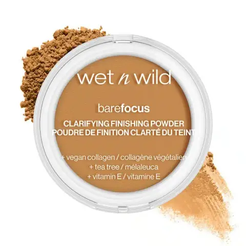 Wet N Wild Bare Focus Clarifying Face Powder in Medium Tan, full compact on white background.